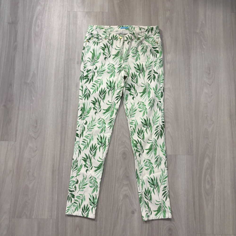J McLaughlin Pants Women White Green Leaf Print Pant Straight Leg Casual Size 10